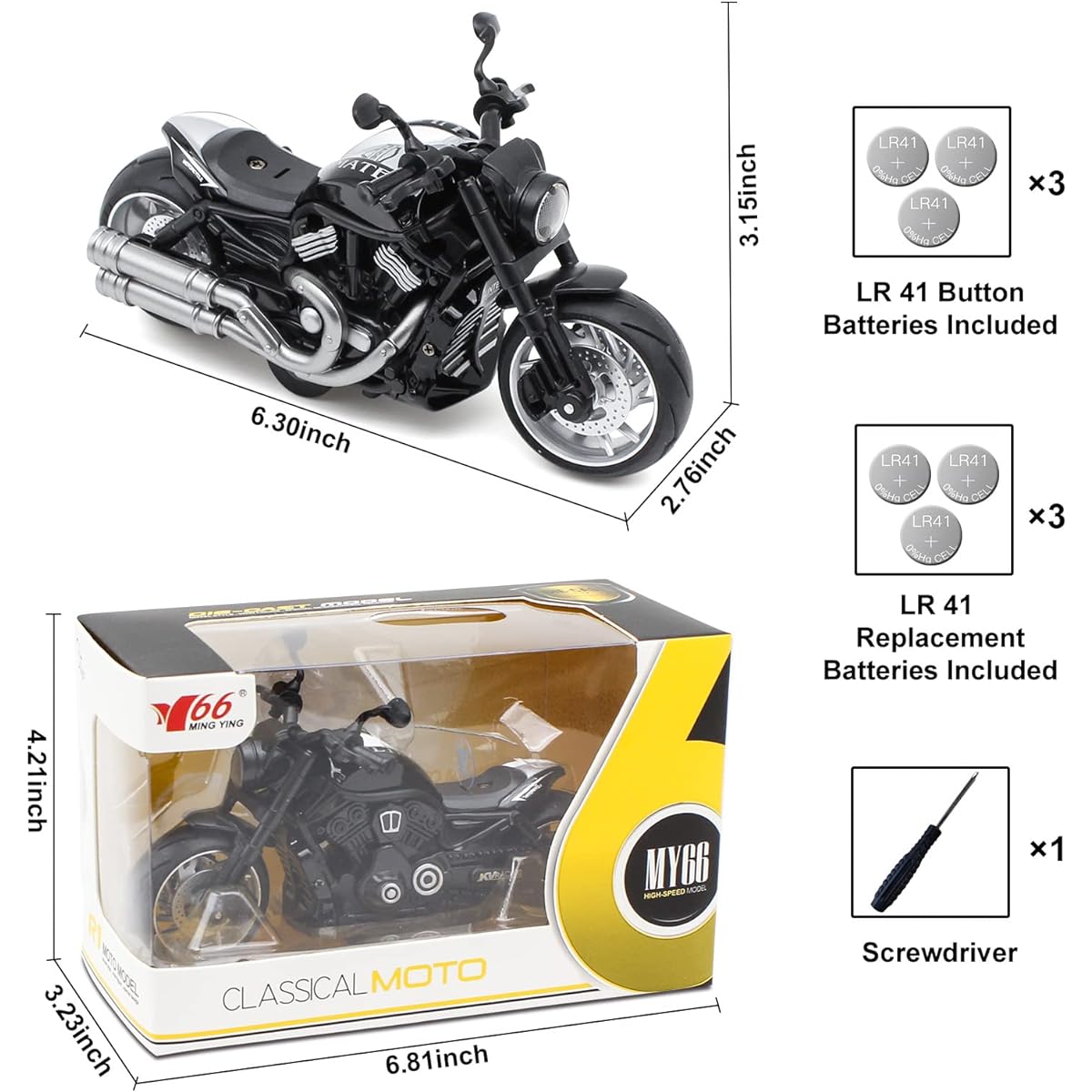 Ming You Pull Back Motorcycle Toy - Motorcycle Toy with Flashing Light Up and Sounds, Christmas Birthday Gift for Kids Ages 3+ (Black)