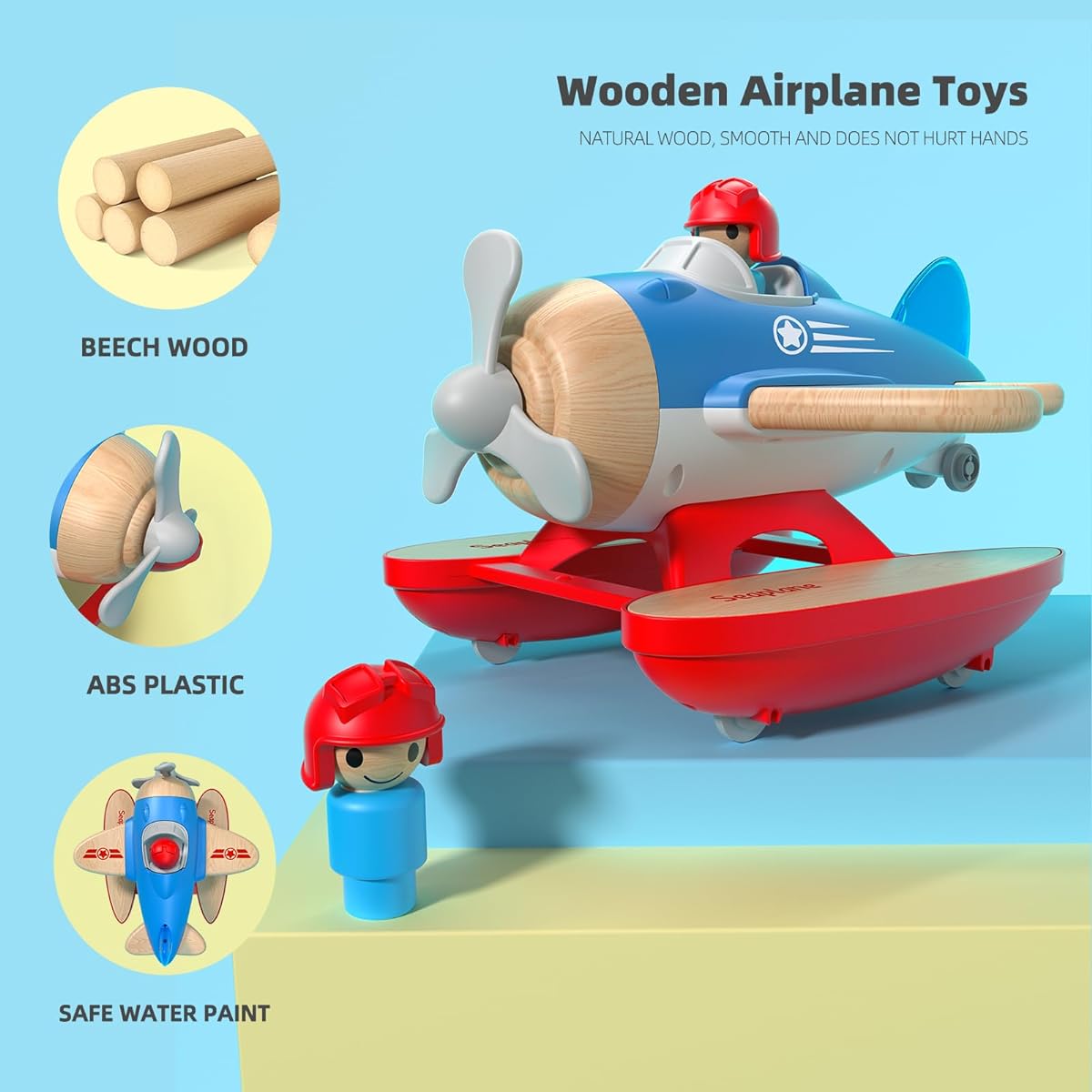 Toy Plane for Kids, Seaplane Toy with Sound and Light, Float Plane Toy, Introduce Aviation Knowledge, Birthday Gift for 18M+ 2 3 4 5 Year Old Boys (Wood + Plastic)