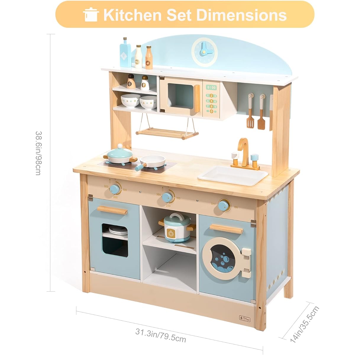 ROBUD Pretend Play Wooden Kitchen Playset with Cooking Utensils, Condiments, Clock, Educational Toys for Kids, Birthdays, Kindergarten Entrance Gifts, Assembly Instructions Included
