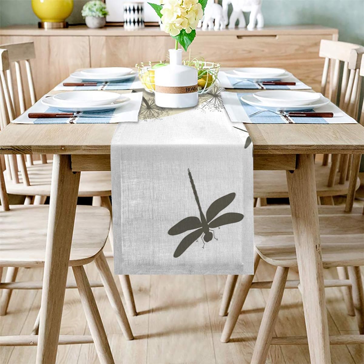 CHARMHOME Dining Table Runner Dragonfly Jumping Dandelion Pattern Kitchen Table Runner Party Event Decoration 18x72inch