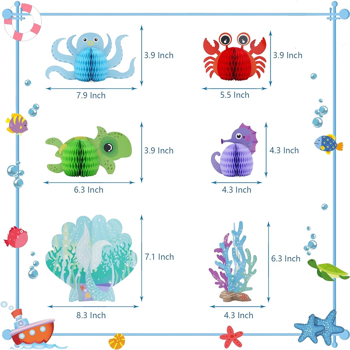 PatiFu Ocean Animal Honeycomb Centerpieces, Under the Sea Party Decorations Supplies, Marine Decorations, Mermaid Table Honeycomb for Beach Theme Birthday Party, Preschool Baby Shower Decorations (8 Pieces)