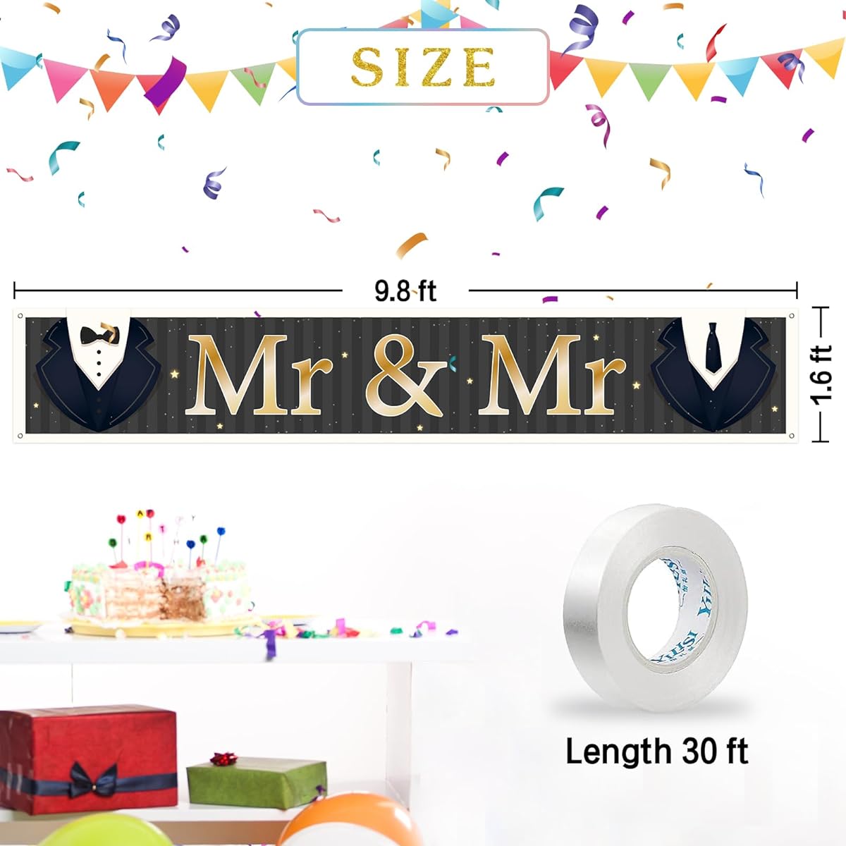 INNORU Large Mr & Mr Banner, Gay Wedding Party Backdrop Lawn Sign, Groom's Yard Banner, Gay Bridal Shower Party, Indoor Outdoor Decoration Supplies, 9 x 1.5 ft