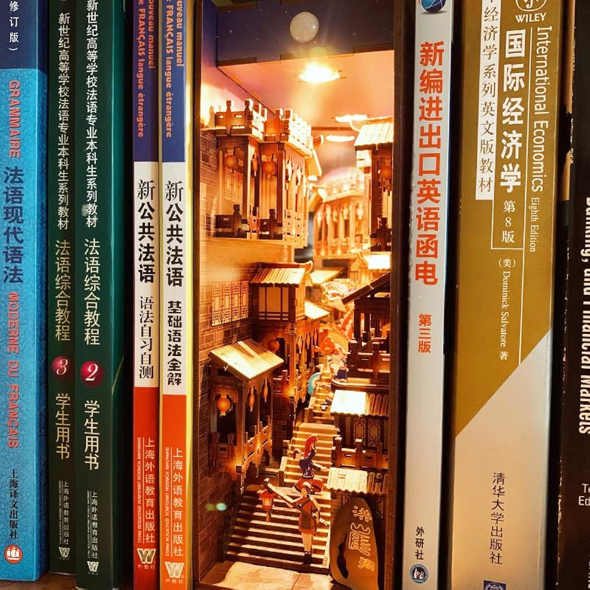 Buladle 3D Wooden Assembled Bookshelf Insert Bookshelf Decorative Array Book Nook DIY Dollhouse Miniature Kit with Furniture & Motion Sensor Light