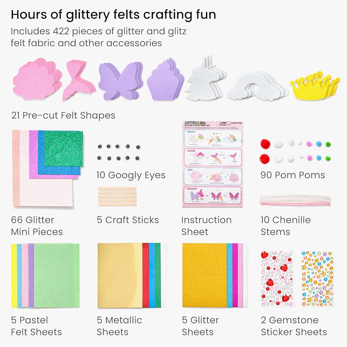 Arteza Kids Felt Kit - 422 Pieces Pre-Cut Glitter & Glitter Shapes, Assorted Felt Sheets, Glitter Mini Pieces, Chenille Stems, Accessories, Educational Kids Craft Supplies to Inspire Creativity