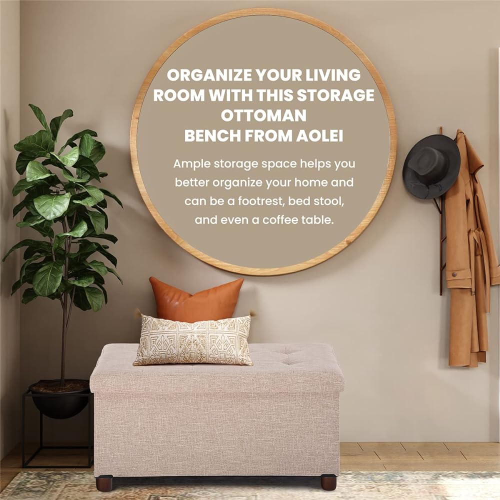 MONCOT Storage Stool Footstool Ottoman with Legs Foldable Storage Chair Box Stool Footrest Step Stool Sturdy Load Capacity 140kg Width 76 x Depth 38 x Height 38cm BB202-BE (M-BEIGE)