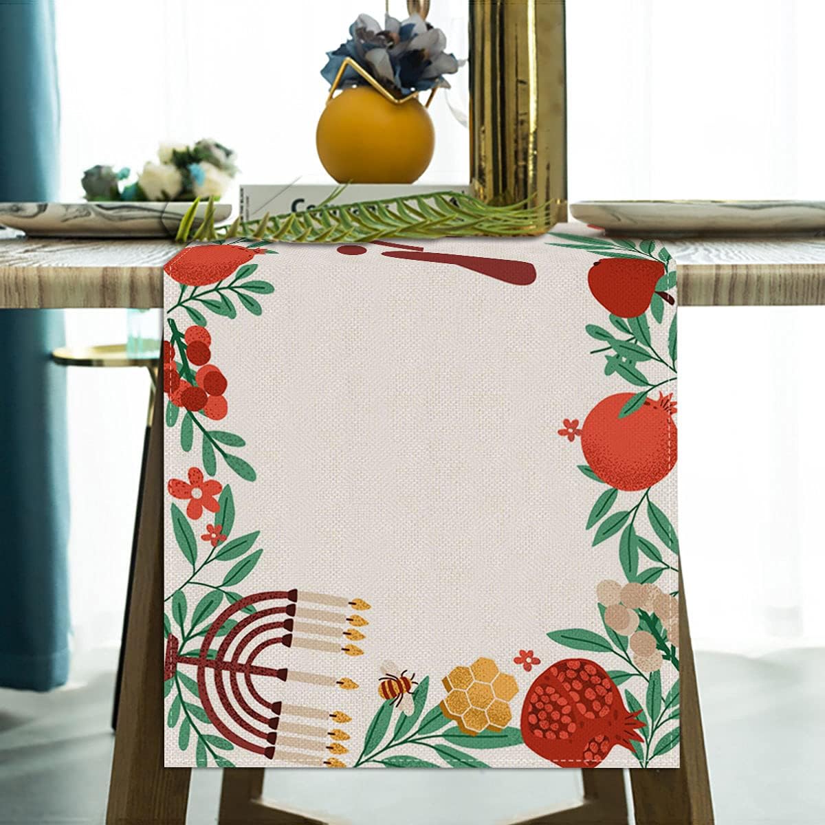 Rainlemon Linen Rosh Hashanah Table Runner Jewish New Year Shana Tovah Holiday Home Dining Room Kitchen Table Decoration