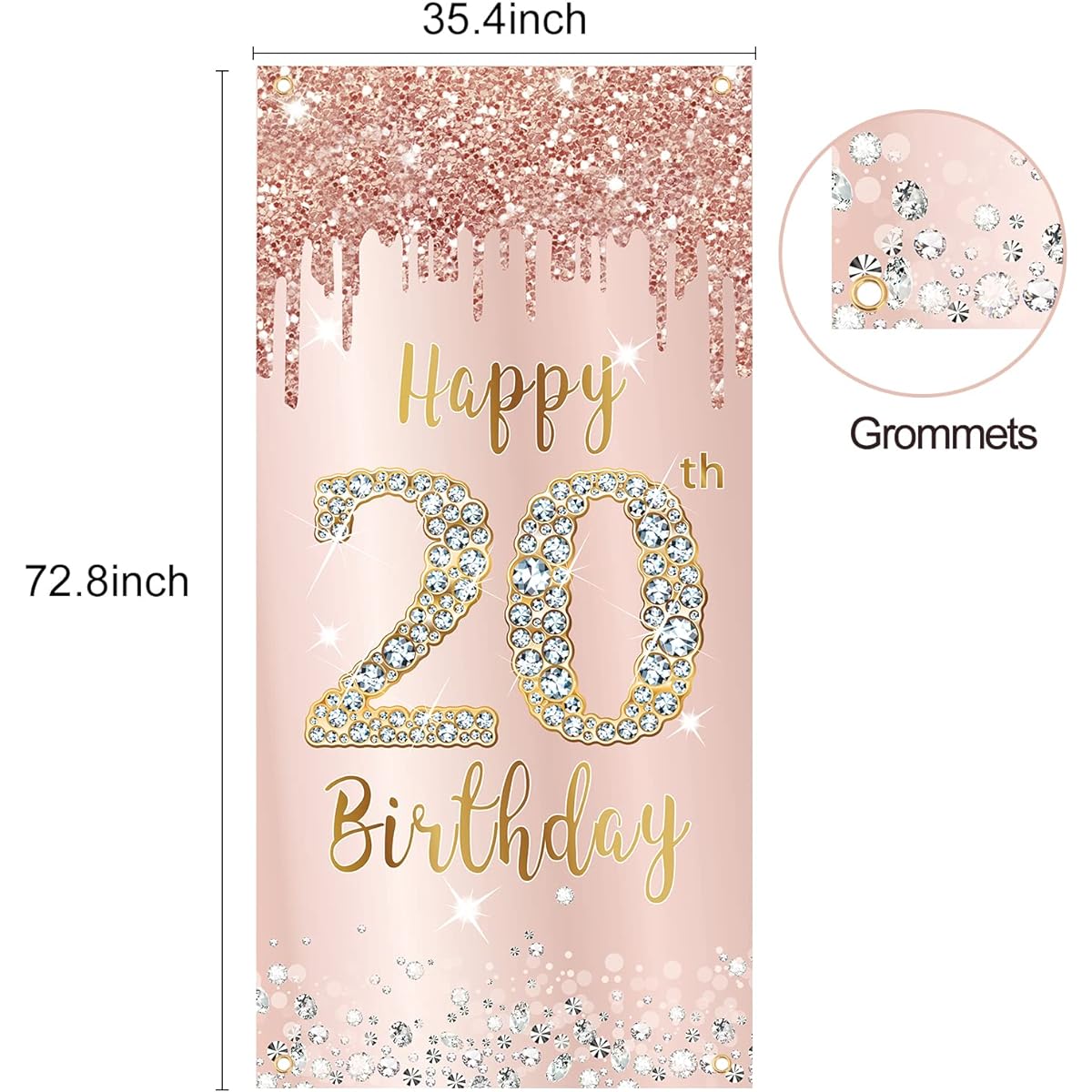 Happy 20th Birthday Door Banner Decoration Women Girls Pink Rose Gold 20th Birthday Door Cover Backdrop Sign Party Supplies 20th Birthday Poster Backdrop Photo Booth Props Decor