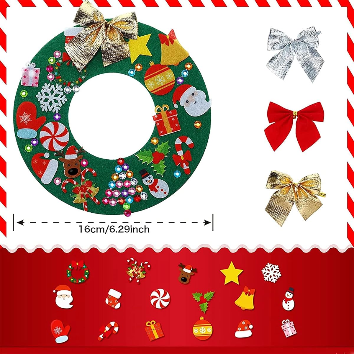 Tatuo Felt Christmas Tree Wreath Craft Kit Christmas DIY Ornaments with 221pcs Adhesive Christmas Felt Stickers, 12pcs Christmas Bows and 5pcs Gemstone Stickers for Christmas Kids (Wreath Style, 6 Inch)