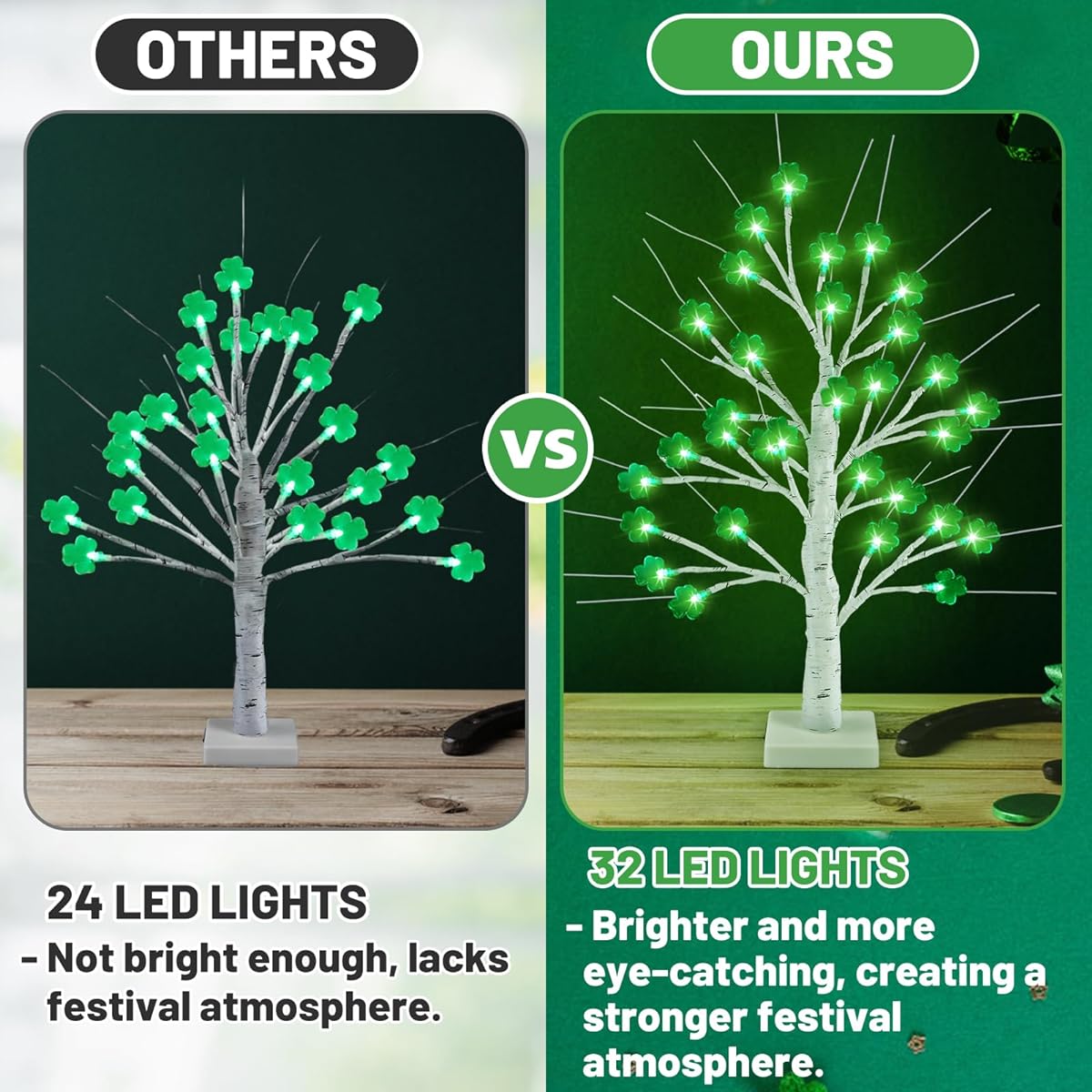 St. Patrick's Day Lighted Birch Tree with Timer, 32 LED Green Shamrock Artificial Tree Branch Decorations for Irish Home Party Decorations, USB & Battery Operated