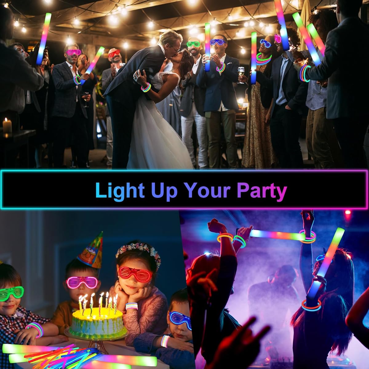 SHQDD Glow in the Dark Party Supplies, 24pcs Foam Glow Sticks, 24pcs LED Glasses, 200pcs Glow Stick Bracelets, Neon Party Favors for Glow Parties, Weddings, Concerts, Raves, Birthdays