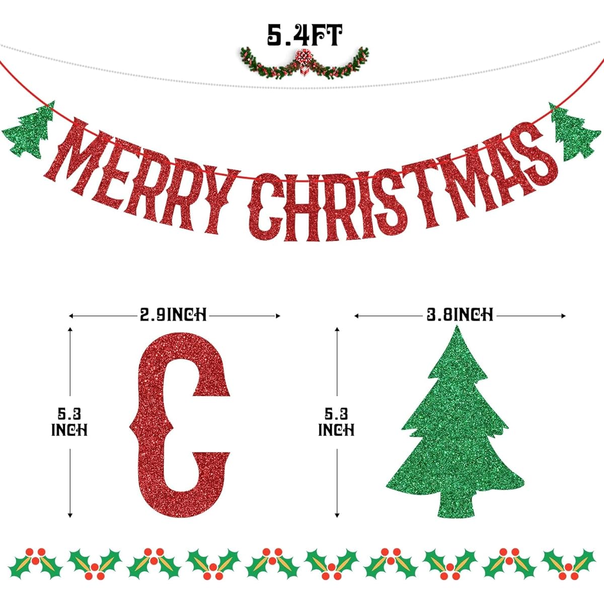 Merry Christmas Banner - Christmas Holiday Bunting Garland - Festive Party Decorations/Winter Mantle Home Decorations/Christmas Party Decoration Supplies Red Glitter