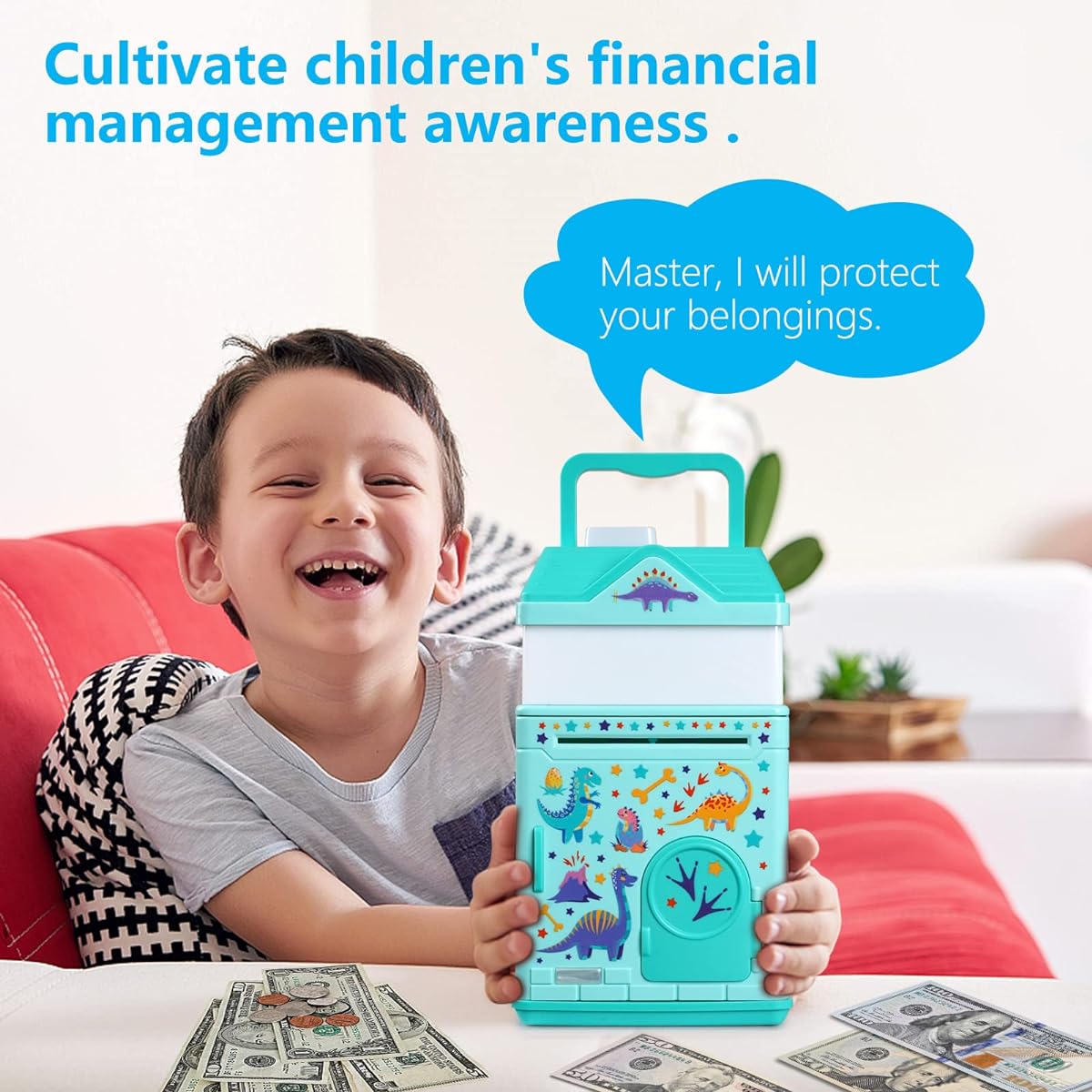 Dinosaur Piggy Bank for Boys, Electronic Money Code Bank with LED Night Light and Music, Cute Dinosaur Pattern ATM Safe Box, Personal Password Setting, Auto Money Scroll, Kids Birthday