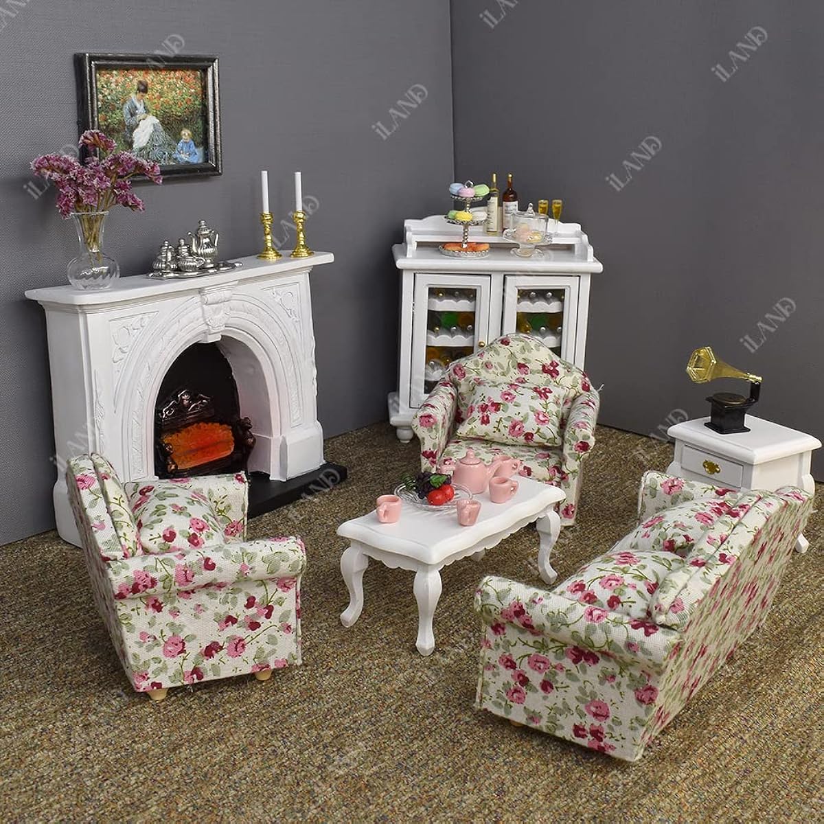 iLAND Dollhouse Furniture Sofa Set with Lights, Fireplace, Wine Cabinet, Coffee Table, Side Table Miniature Dollhouse Living Room (7 Pieces Elegant Furniture)