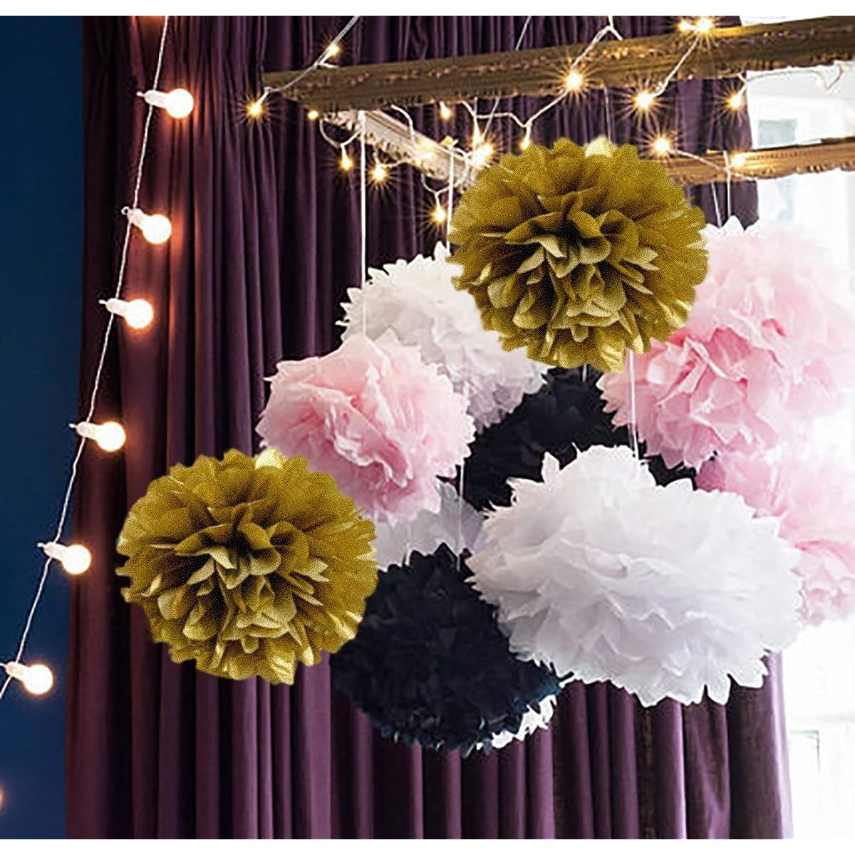 French/Paris Theme Birthday Decorations Party Decorations Birthday Parisian Baby Shower Decorations 35pcs Black Pink White Gold Tissue Paper Pom Poms Paper Tassel Garland Circle Garland Triangle Banner