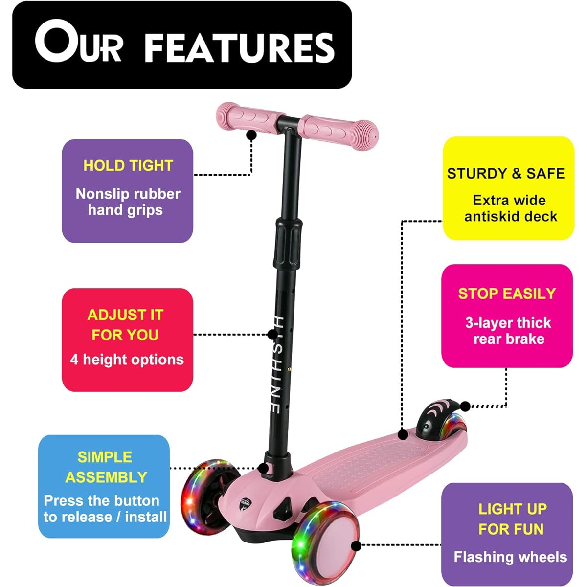 Hishine Kick Scooter for Kids with 3 Light Up Wheels and Adjustable Height for 2-7 Years Girls Boys Toddlers Kids 3 Wheel Scooter with Steering Wheel