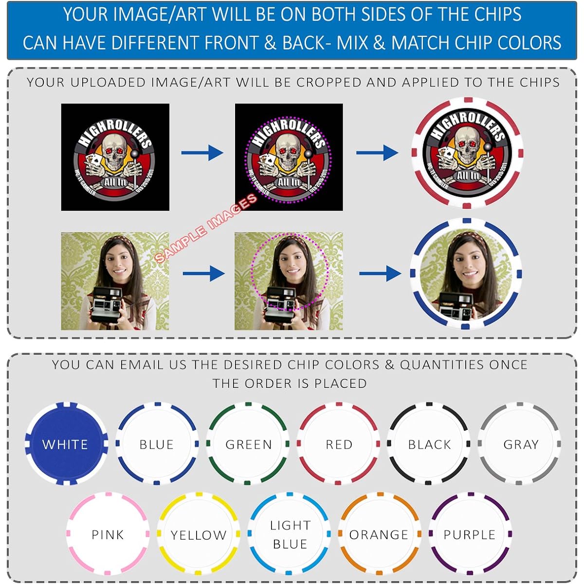Custom Poker Chips: Place your image, promotional logo, or design on chips - 100 Full Color 11.5 Gram Poker Chips