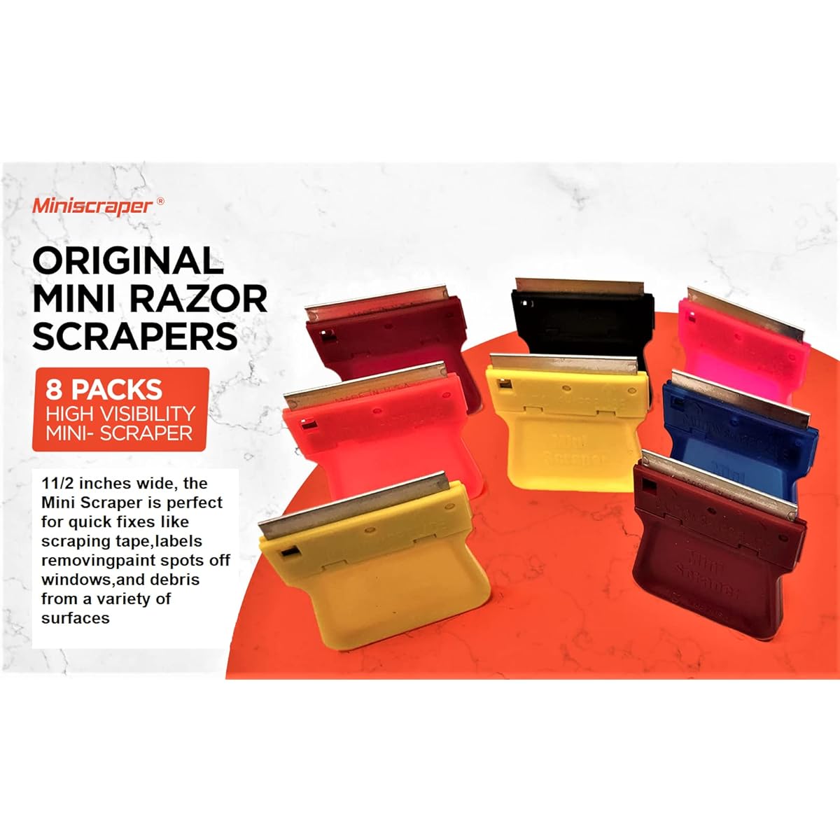 MINISCRAPER Original Mini Razor Scrapers, 8 Pack U.S. Made For Scraping Off Paint Decals Labels Stickers and Debris On a Variety Of Surfaces
