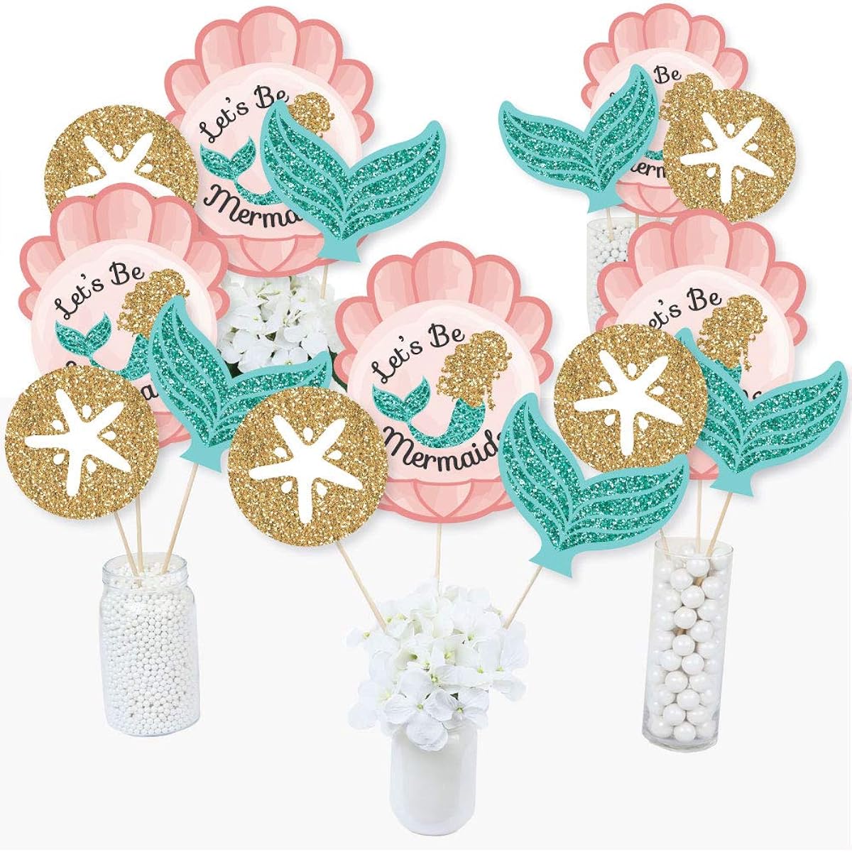 Let's Be Mermaids Baby Shower Birthday Party Centerpiece Sticks Table Toppers Set of 15