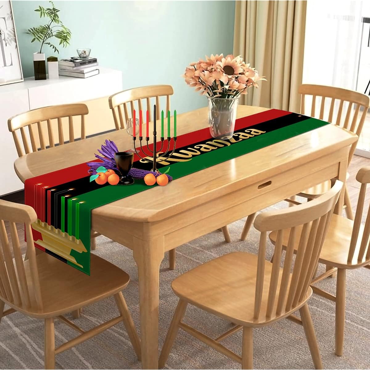 Nepnuser Linen Happy Kwanzaa Table Runner African American Harvest Holiday Party Decor Kinara Candle Pattern Table Cover Kitchen Dining Room Home Decorations - 72 Inch