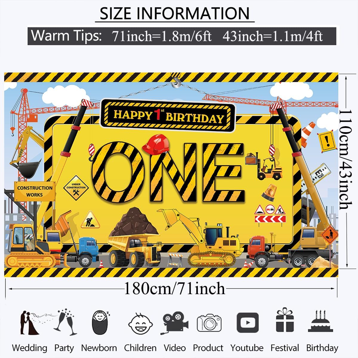 Construction Birthday Banner Backdrop Happy 1st Birthday Construction Banner Construction Birthday Party Supplies for 1st Year Old Boy Kids Dump Truck Digger Construction Theme Party Favors 6x4ft