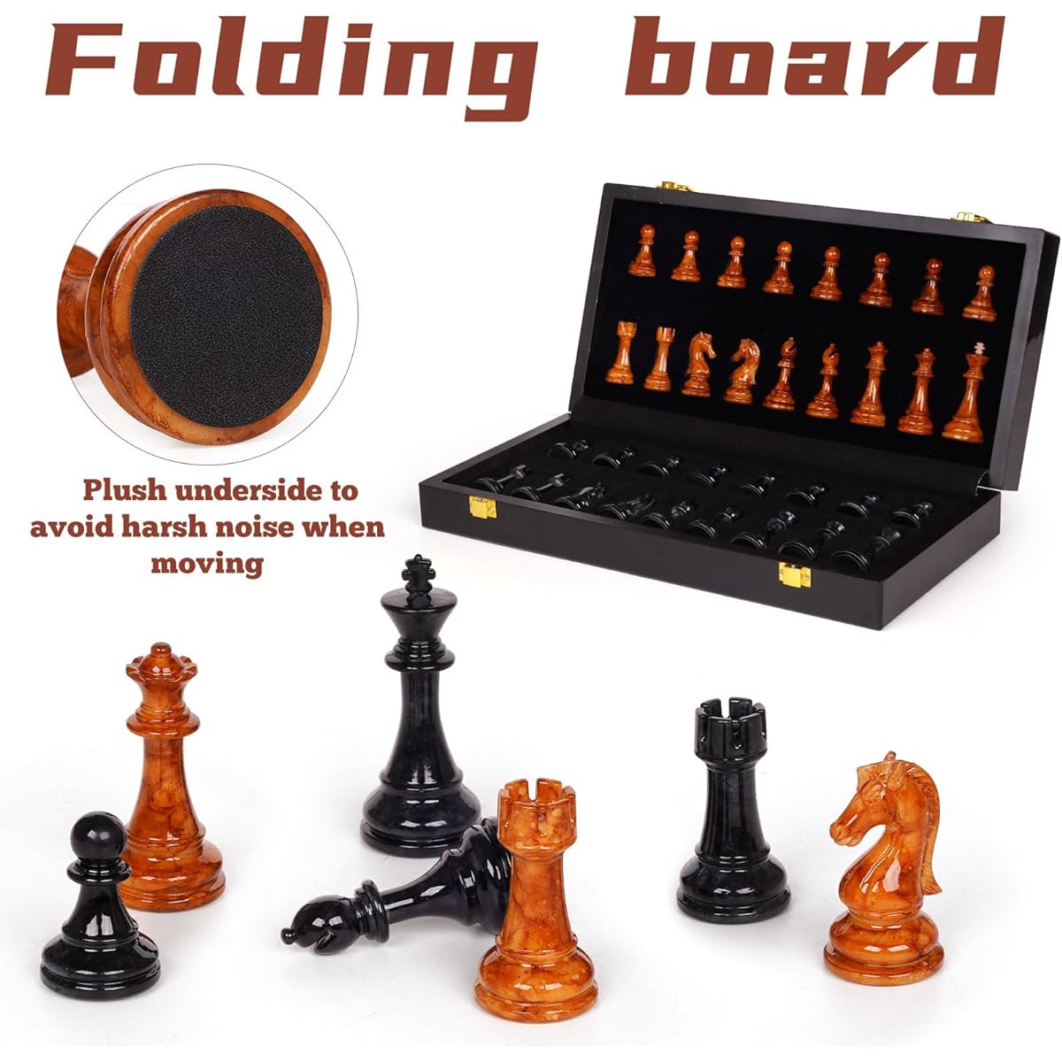 Elegant Chess Set Board Game - 15 Inch Travel Portable Chess Set for Adults & Kids with 2 Extra Queens, Acrylic Chess Pieces, Folding Wooden Chess Board Set - Stanton Chessman for Beginners Professional