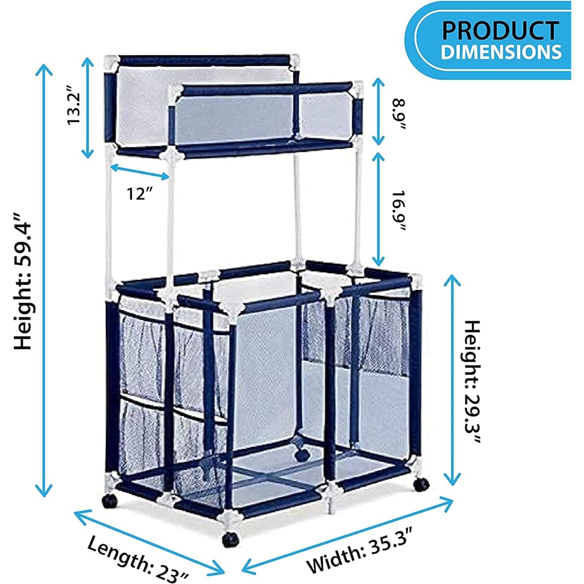 Pool Bin Pool Storage Equipment Organizer Holder for Noodles Toys Balls Floats Mesh Rolling Double Decker Bin Large with Noodle Rack (23"L x 35.4"W x 69"H) Blue/White