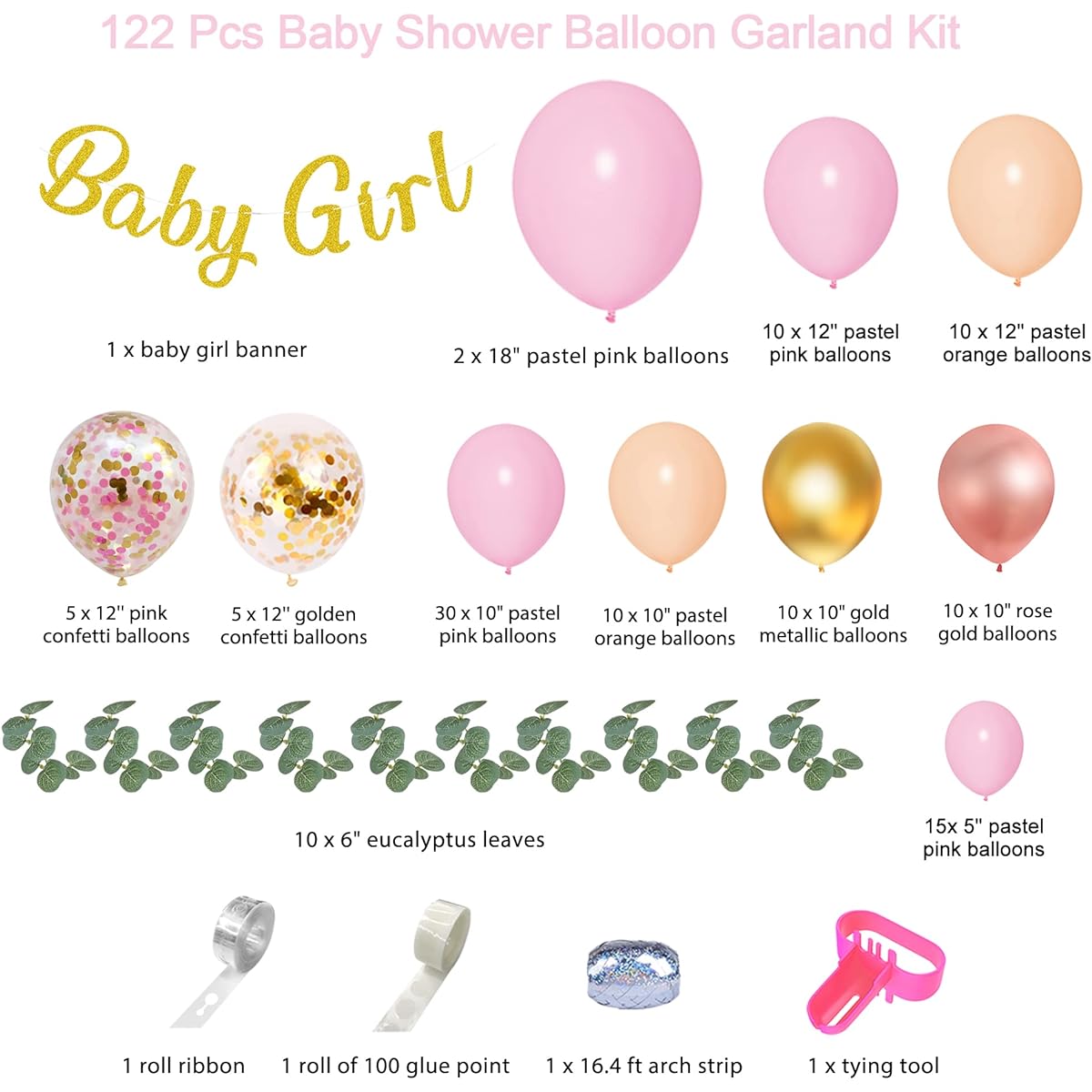 122pcs Baby Shower Decorations for Girls Rose Gold Pink Balloons Arch Garland Kit Eucalyptus Boho Green Baby Girl Banner Peach Blush Gold Balloons for Full Baby Gender Reveal Party Supplies