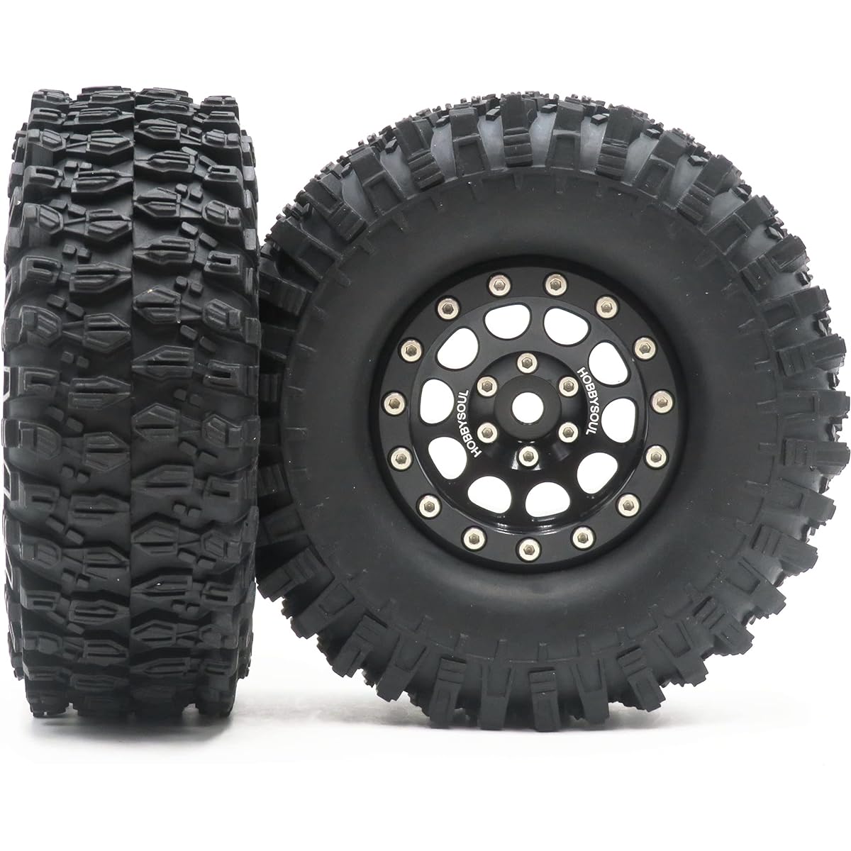HOBBYSOUL RC 108mm/4.25" Tall 1.9 Beadlock Wheels and Tires 1.9" Tire Wheels Rims Black for RC Axial SCX10 and Other 1/10 1/12 Mud Crawler Trucks (2 Pack Pre-assembled)