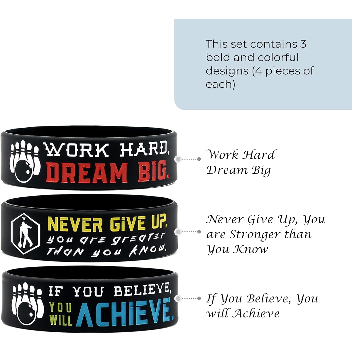 Inkstone Bowling Wristbands | (12 Pack) Sports Inspirational Never Give Up, You Are Greater Than You Know | Flexible | Gift for Team, Friends, Family, 12 Count (Pack of 1), Elastic