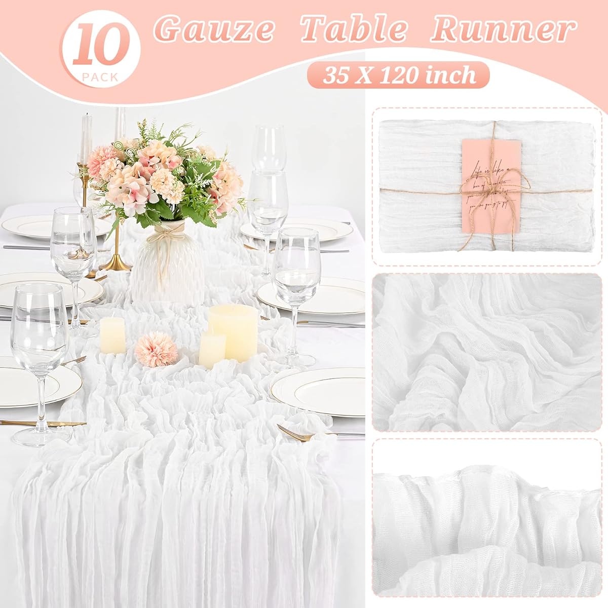 REWOMC 10 Pcs White Cheesecloth Table Runner 10FT, Gauze Cheese Cloth for Wedding Reception Rustic Sheer Bridal Shower Birthday Party Boho Table Decoration, Romantic Wedding Runner