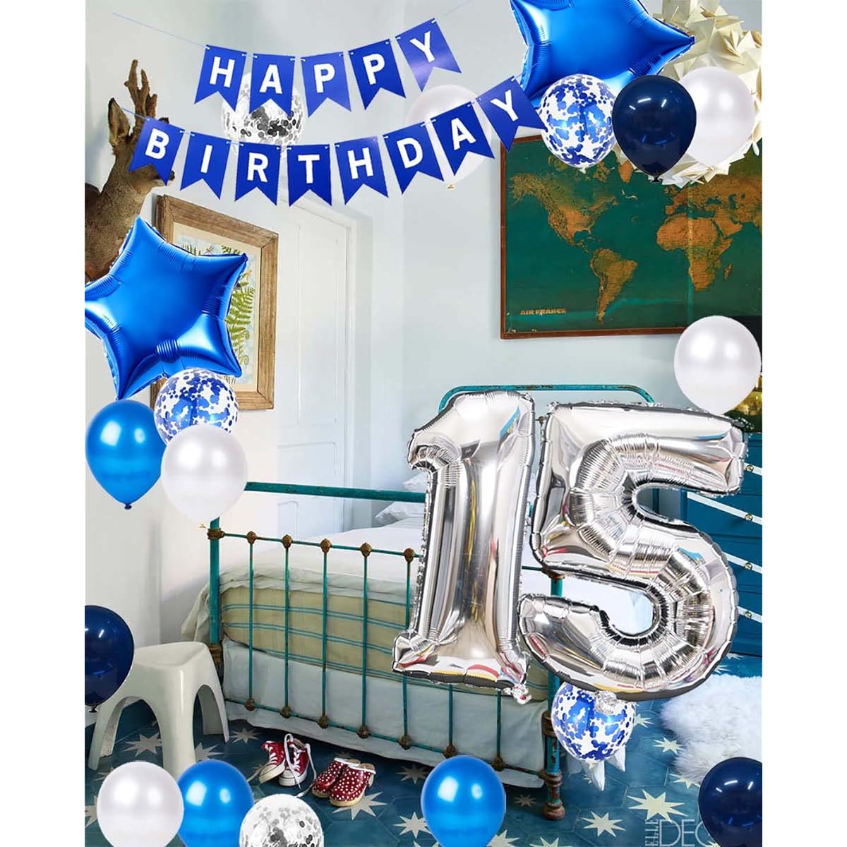 15th Birthday Party Decorations for Boys Happy Birthday Banner Blue Number 15 Birthday Balloons 15th Birthday Latex Confetti Balloons for Boy/Him/Son 15th Birthday Decorations Supplies (15 Years Old)