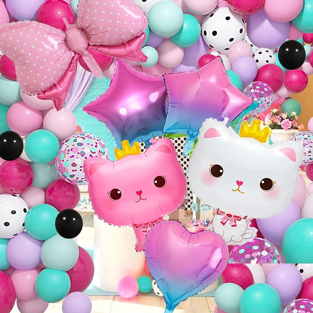 139pcs Blue Pink Purple Rose Red Balloon Garland Arch Kit with Crown Cat Foil Balloons Bow Star Heart Foil Balloons for Girls Birthday Baby Shower Party Kitten Pet Theme Decorations