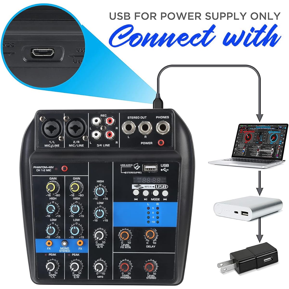 Mini Audio Mixer 4 Channel Sound Mixing Board USB Bluetooth MP3 Computer Input Audio Sound Mixer 48V Phantom Power Stereo DJ Studio Streaming Media FX Reverb Delay Processor