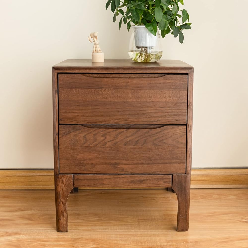 Cozeelife Side Table Cabinet Night Table Oak Wood with 2 Drawers Wooden Oak Easy to Assemble Bedside Storage Around Bed Scandinavian Stylish Modern Walnut Color Width 41cm x Depth 40cm x Height 50cm