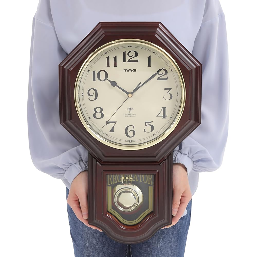 MAG Wall Clock, Radio Controlled Clock, Pendulum, Analog, Rokumeikan DX Time Report, with Night Second Hand Stop Function, Brown W-640BR