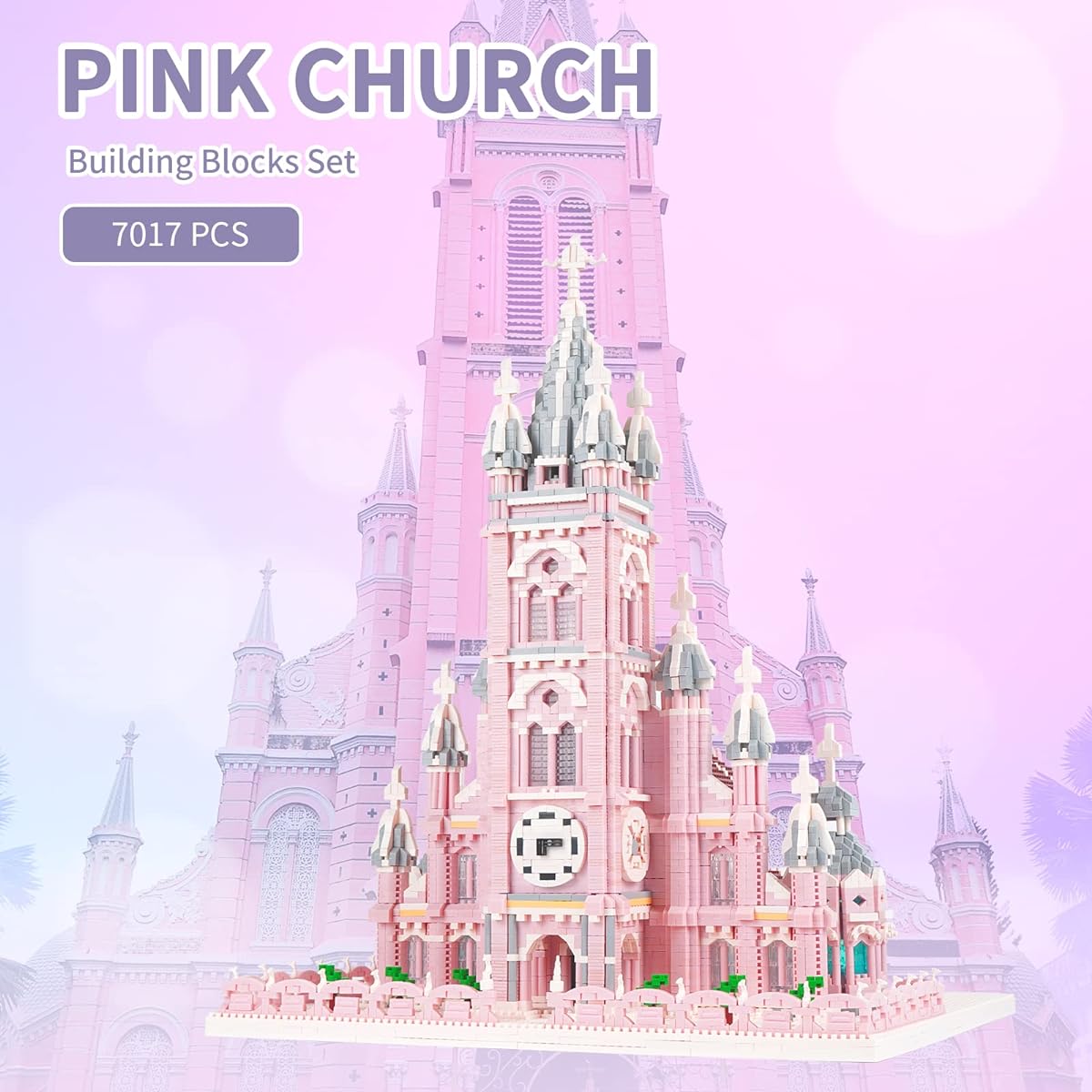 Geniteen Micro Mini Building Blocks Pink Church Model Building Set Famous Architecture Model Assembly Kit 7017 Pieces