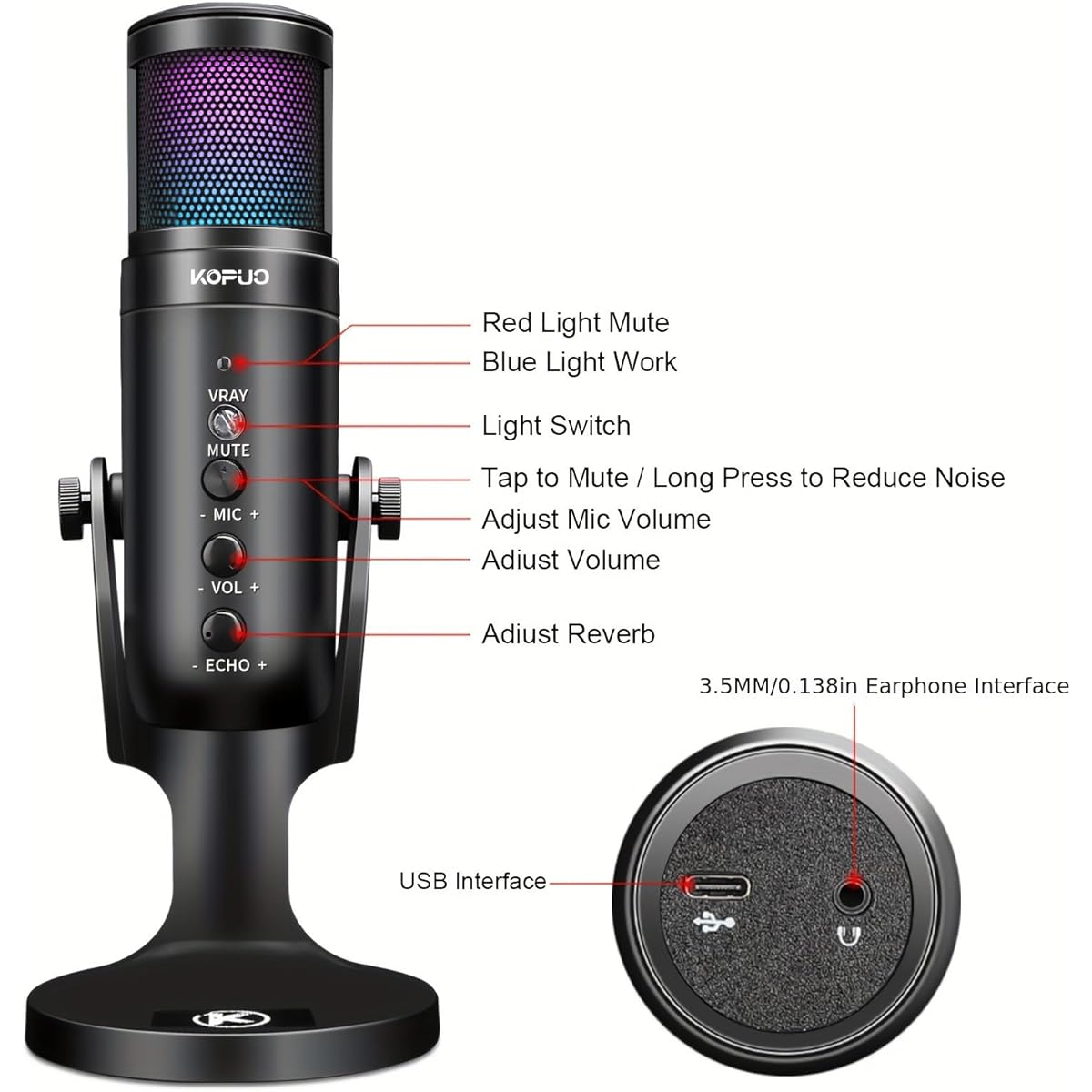 KOPUO Built-in Mute PC Dynamic Cardioid Microphone Condenser Metal Microphone with Headphone Jack Audio Blocking Technology Compatible with YouTube/Streaming/Recording/Twitch