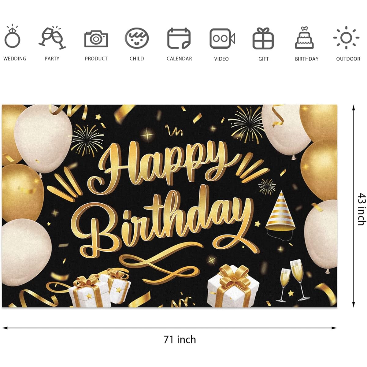 Happy Birthday Backdrop Banner Black & Gold Birthday Party Decorations Supplies for Indoor/Outdoor Backdrop/Photo Booth Props 71x43inch