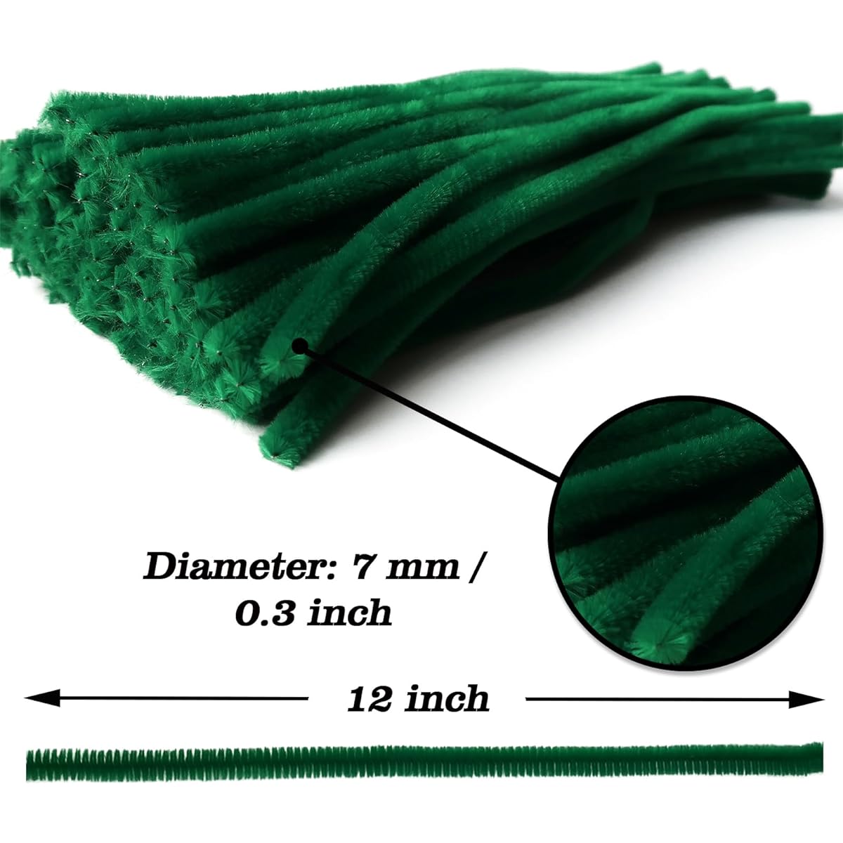 Lumintutu 100 Pcs Pipe Cleaners 7mm x 12" Thick Dark Green Chenille Stem Craft Supplies for Kids DIY Art Decoration