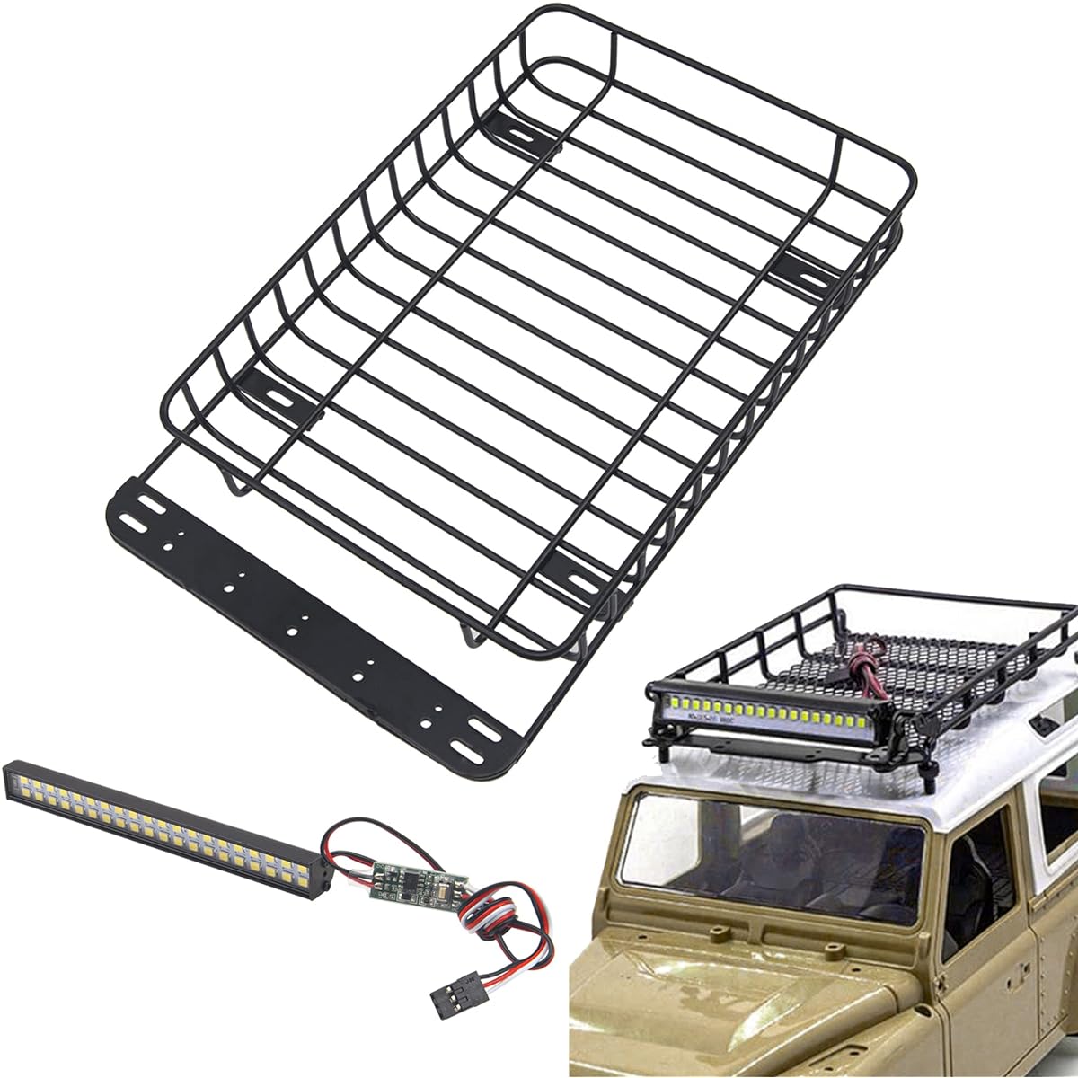 ShareGoo RC 1/10 Metal Roof Rack Luggage with 40LED Roof Light Bar Compatible with Traxxas TRX4 Axial SCX10 90046 Tamiya CC01 D90 Wrangler 1/10 RC Crawler Car