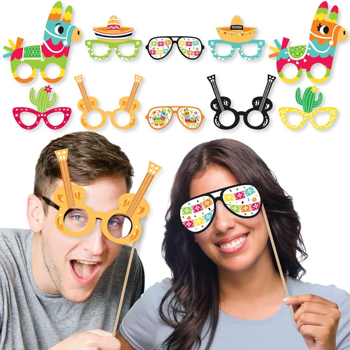 Big Dot of Happiness Pinata Party Glasses - Paper Cardstock Colorful Fiesta Photo Booth Props Kit - 10 Pieces