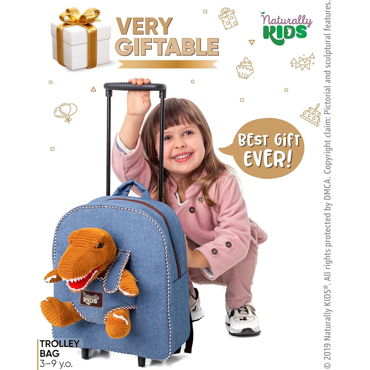 Naturally KIDS Toddler Backpack for Boys and Girls, T-Rex with Wheels, Medium Toddler Backpack / Trolley Bag, Daypack Backpack