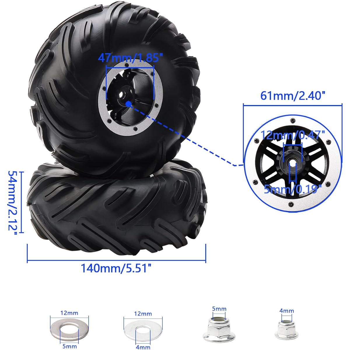 Rchobbytop RC 2.2" Tires Inflatable OD 140mm Mud Badlands Tractor Tread Tires 12mm Wheel Rim Lock Nuts for 1/10 Rock Crawler Monster Truck Traxxas Maxx Axial RC4WD Silver Pack of 4