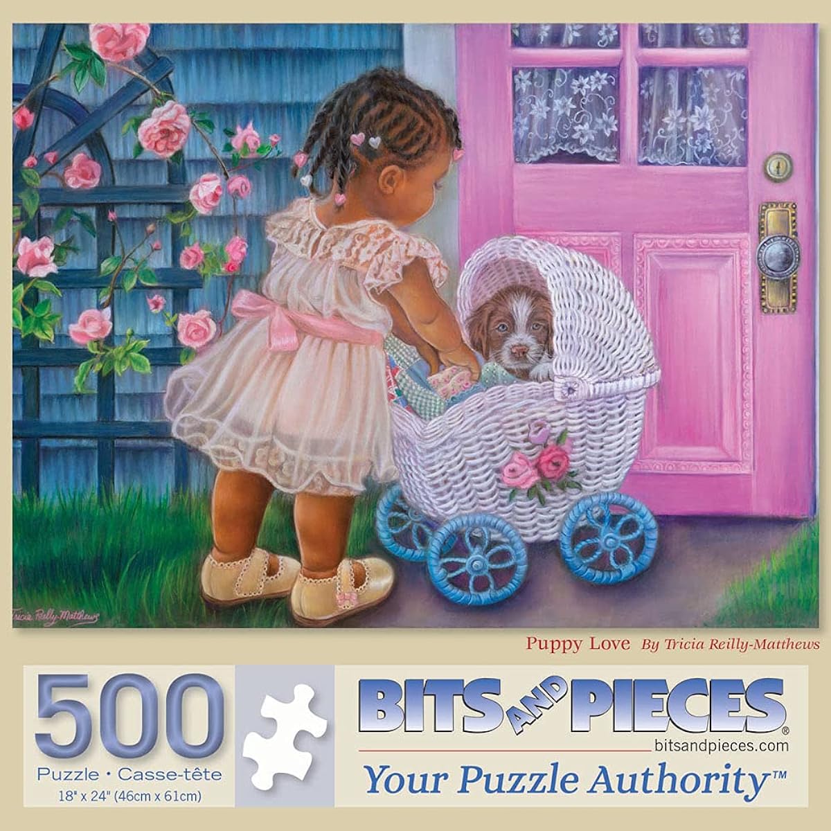 Bits and Pieces Jigsaw Puzzle 500 Pieces for Adults 18" x 24" Puppy Love 500 Piece Cute Toddler Dogs Carriage Flowers Artist Tricia Reilly-Matthews