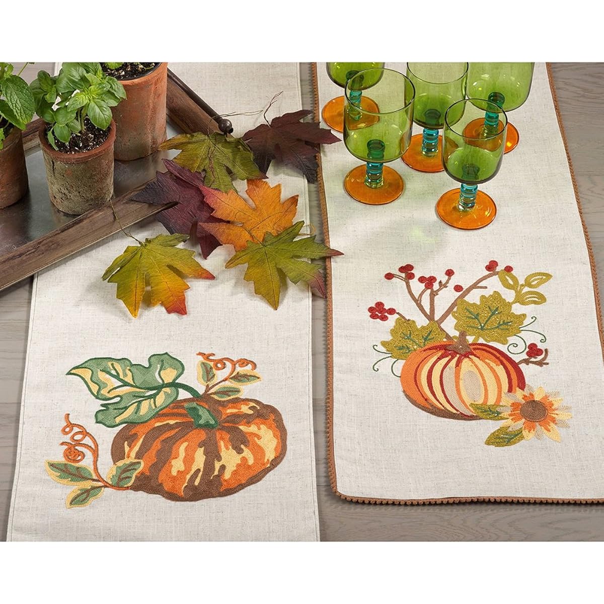 Fennco Style Embroidered Pumpkin Colletion Holiday Thanksgiving Table Runner