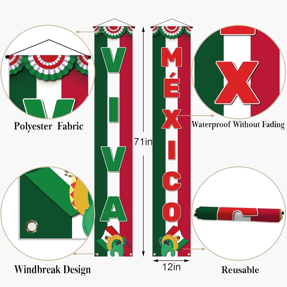 Viva Mexico Porch Banner Mexican Independence Day Cinco de Mayo September 16th Front Door Decor