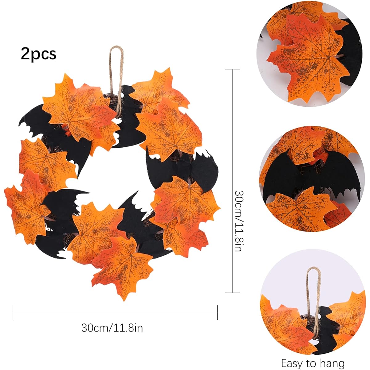 XHXSTORE 2pcs Halloween Maple Leaf Wreath Small Fall Wreath 10inch Bat Wreath for Front Door Halloween Fireplace Home Indoor Wall Harvest Party Decoration