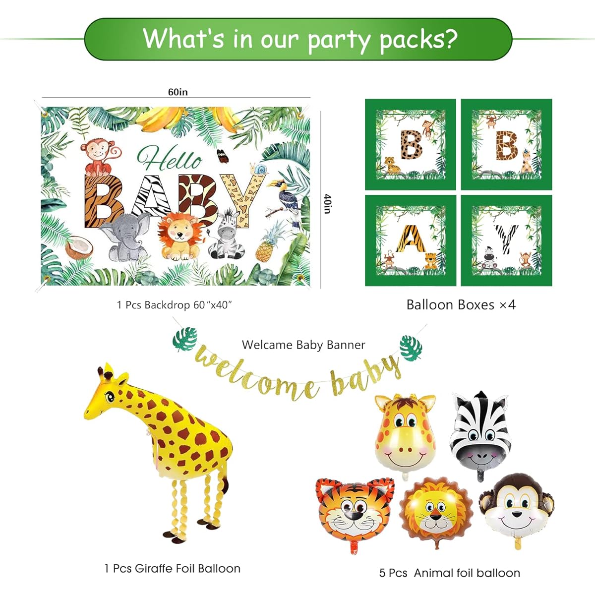 HIPEEWO Safari Baby Shower Decorations - Jungle Theme Party Supplies with Leaves, Box, Banner, Backdrop, Balloon Garland Arch, Welcome Baby Animals, Gender, Birthday Party Decor for Boy/Girl