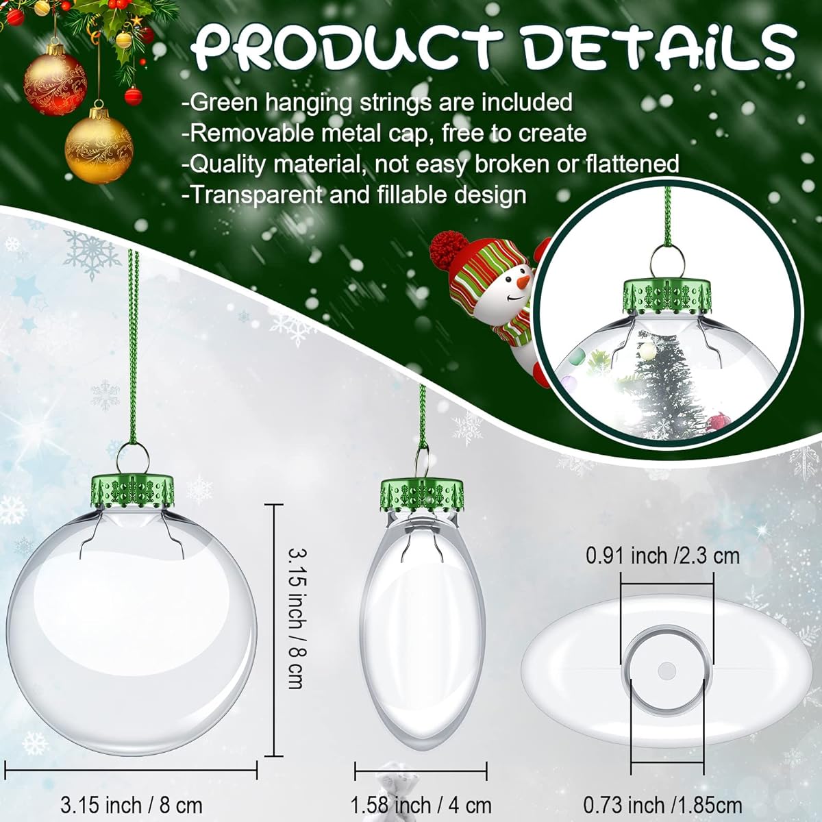 Sumind 12pcs Clear Christmas Fillable Ornament Balls, 3.15" Plastic Transparent Fillable Balls DIY Hanging Ornaments for Christmas Tree Decorations Crafts (Green)