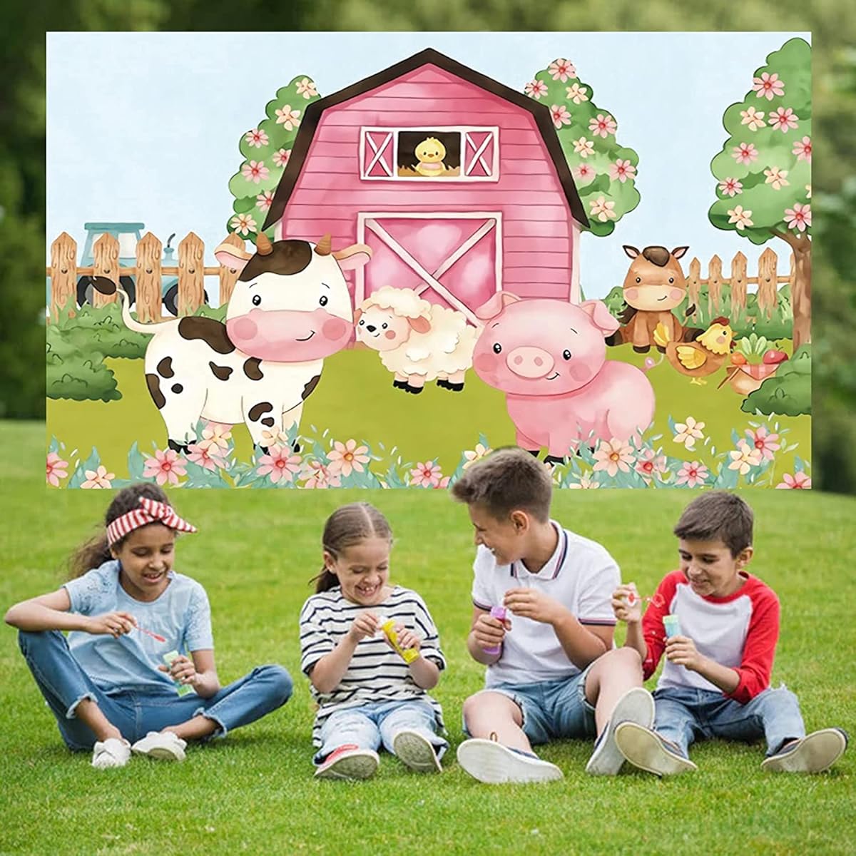 12x10ft Cartoon Farm Animals Party Backdrop Pink Barn Girl Baby Shower Birthday Photography Background Farmland Animals Cow Pig Barn Backdrop Banner Cake Table Decor Photo Booth Props